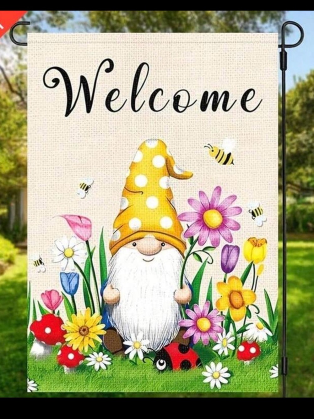 Welcome Garden Gnome Spring Flag - Colorful Floral Design